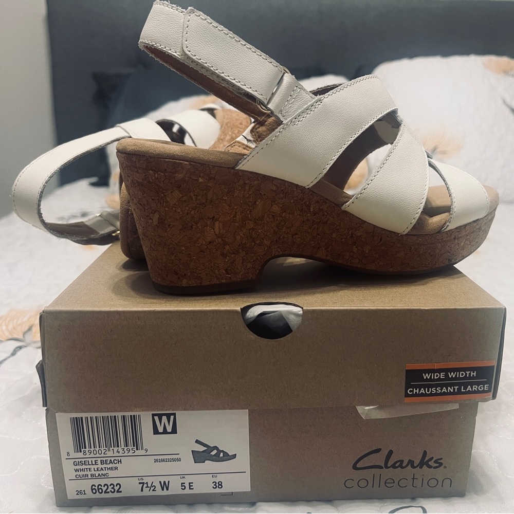 Clarks White Leather Wedge Sandals